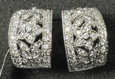 NWT Sterling Silver Hoop Earrings Bling Floral Scroll Crystals Omega Back - Image 1 of 4