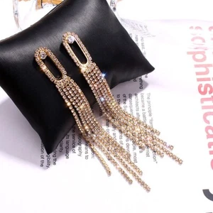 925 Silver pin golden fashion party crystal exaggerated tassel earrings  - Picture 1 of 4
