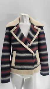 Adam Lippes Womens Res Black Striped Wool Shearling Trim Double Breasted Coat S - Picture 1 of 5