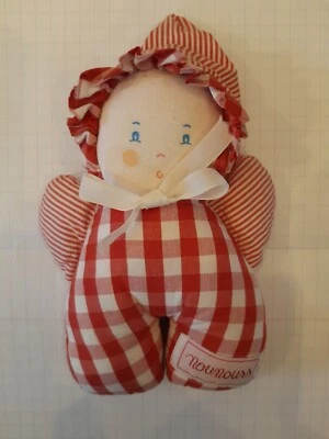 Petit doudou lutin 17cm poupée rouge carreaux NOUNOURS - TBE - Photo 1/2