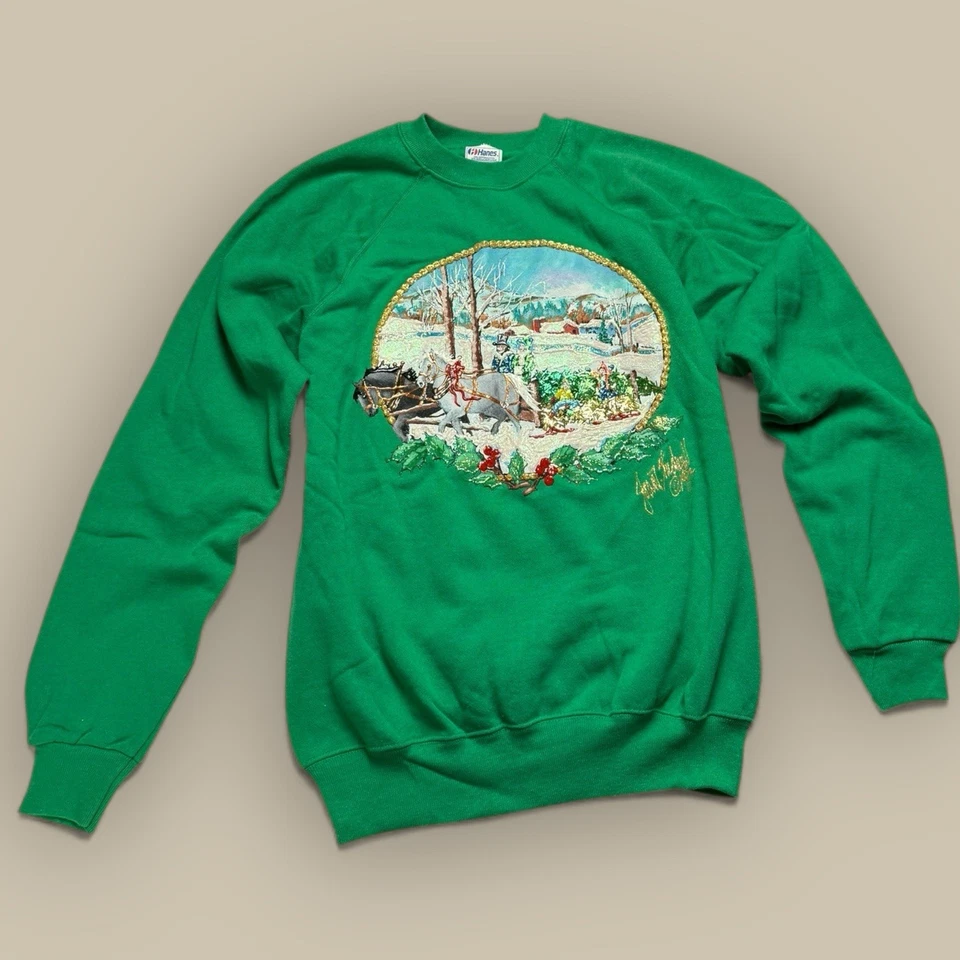 Suéter Feo Navidad Joan Studwell Años 90 De Colección Pintado a Mano Brillo Grande Verde Foto 1 de 4