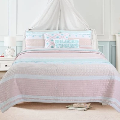 Conjunto de roupa de cama colcha reversível 100% algodão rosa claro azul babados menina, capa... - Imagem 1 de 4