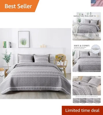 Elegant Grey Queen Quilt Set - 3 Piece Bohemian Microfiber Bedspread 90x96 - Image 1 of 4