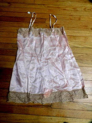 vtg never worn 1930s Pink Satin Lace Slip  Rayon Spaghetti Staps, as is - Image 1 of 3