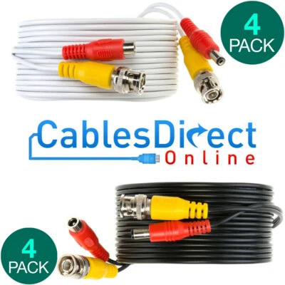 Pack of 4 CCTV Cable Security Camera Siamese Wire BNC DC Power Video White Black - Image 1 of 4