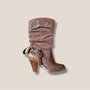 🍸👜 ¡Botas vintage Y2K Zodiac cuero coñac ojal media pantorrilla lazo tacón! Rosa 8,5 - Imagen 1 de 13