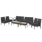 Costway 8pcs Patio Rattan Furniture Set Cushioned Chair Wooden Tabletop Black