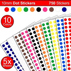 10mm Size 750 Coloured Dot Stickers Round Sticky Dots Adhesive Circles Labels - Picture 1 of 12