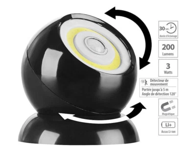 Lampe sans fil 200 lm à LED COB et détecteur de mouvement WL-420 - Noir - Lumin - Photo 1/4
