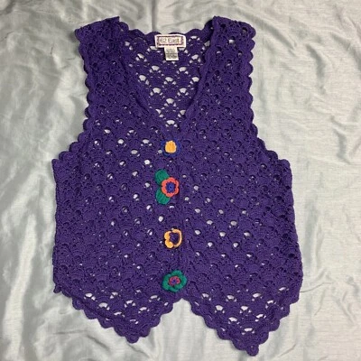 62 East Vintage Purple Crochet Vest W/Crochet Flowers Women M Boho Granny Core - Image 1 of 4
