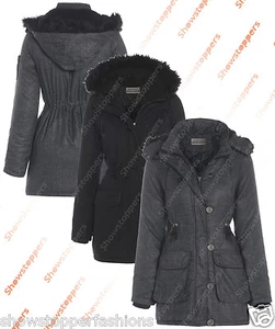 NEU Damen Canvas Parka Jacke Mantel gefüttert Gr. 8 10 12 14 16 SCHWARZ - Bild 1 von 10