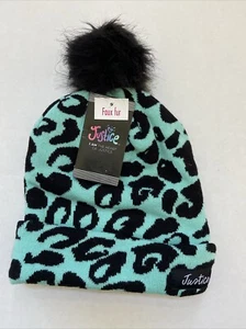 Justice Leopard Print Beanie Hat With Pom Turquoise/Black One Size Knit Cap - Picture 1 of 5