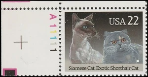 US 2372 American Cats Siamese & Exotic Shorthair 22c plate single UL MNH 1988 - Picture 1 of 1
