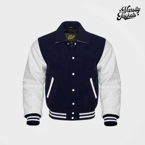 Navy Blue body White Sleeves Premium Varsity Jacket Letterman Baseball College - Picture 1 of 5