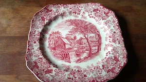 VINTAGE JOHNSON BROTHERS PINK MILL STREAM SQUARE SALAD PLATES 7.75" - Picture 1 of 4