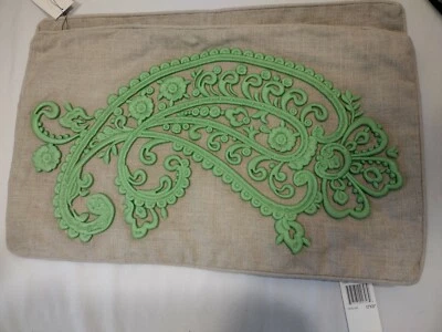 Magaschoni Pillow Covers Tan W/ Beautiful Jade Green Embroidery Paisley 20”x12” - Image 1 of 4