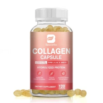 胶原蛋白肽丸水解胶原蛋白i,iii,V,X 120胶囊 — 第 1/4 张图片