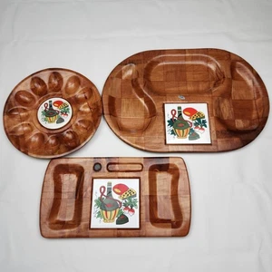 Mid Century Modern Wood  Tile Serving Trays Platters Set 3 Italian Decor Rustic - Picture 1 of 8