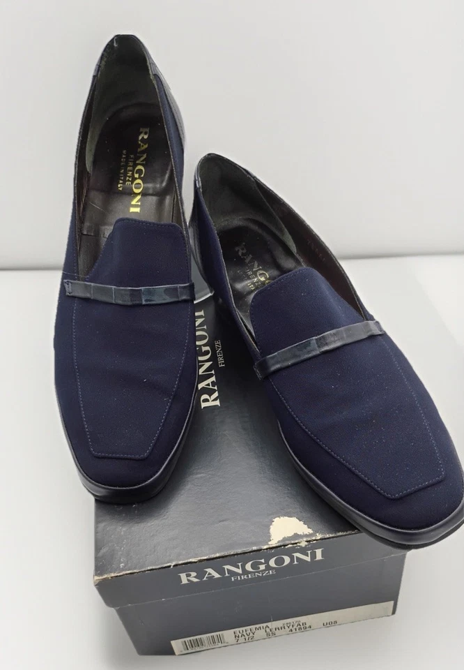 Y2K VTG Rangoni Firenze Women's NavyLeather/Fabric 7.5 SS Loafer Made In Italy - Image 1 of 4
