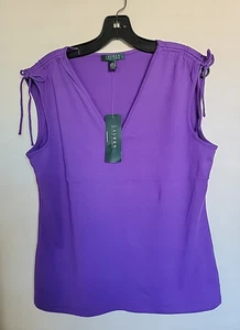 Lauren Ralph Lauren Women's Tie Shoulder Cotton V-Neck Tank Top Purple Sz L NEW - Picture 1 of 3