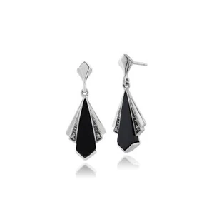 Art Déco Stile Nero Onice E Marcasite Ventola Goccia Orecchini IN 925 Argento - Foto 1 di 3