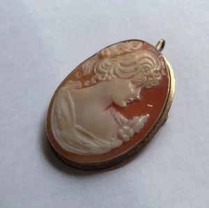 Vintage HM 9ct 9k Yellow Gold Pretty Young Lady Shell Cameo Brooch Pin Pendant - Picture 1 of 6