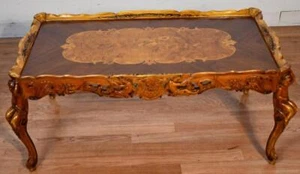 1930 French Walnut & Satinwood inlay carved cherubs hand painted coffee table - Picture 1 of 13
