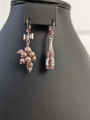  Betsey Johnson Mismatched Grapes Wine Champagne Bottle Drop Pierced Earrings#51 - Image 1 of 4