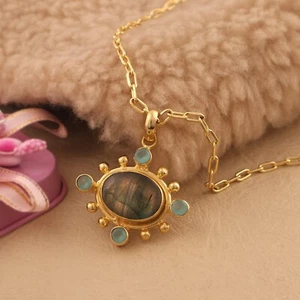 Natural Labradorite Chalcedony Pendant Beaded Design Collet Statement Necklace - Picture 1 of 4