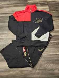 Adidas Mens 3 Stripes Tricot Tracksuit Jacket & Pants Set Red Black Gold White - Picture 1 of 9