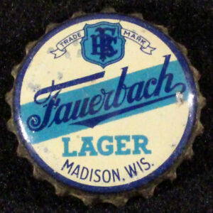 FAUERBACH LAGER •TWO TONE BLUE• CORK BEER BOTTLE CAP MADISON WISCONSIN CROWNS WI