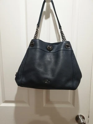 Bolso de Hombro Coach Edie Azul Marino Turnlock Cuero Guijarro Cadena Gunmetal #36855 Foto 1 de 4