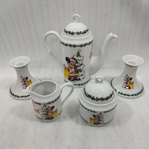 VTG Disney Mickey Mouse Teapot Creamer Sugar Candlesticks JAPAN Merry Christmas - Picture 1 of 10