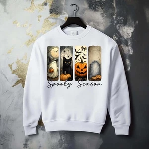 Fall Season Halloween Boo Spooky Cat Ghost Fun Whimsical Graphic Cozy Sweatshirt - Picture 1 of 1
