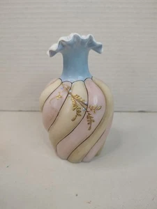 Viktorianische Kunst Glas Wirbel Vase Rüschenrand Handbemalt Rosa Blau Ranken Antik - Bild 1 von 8