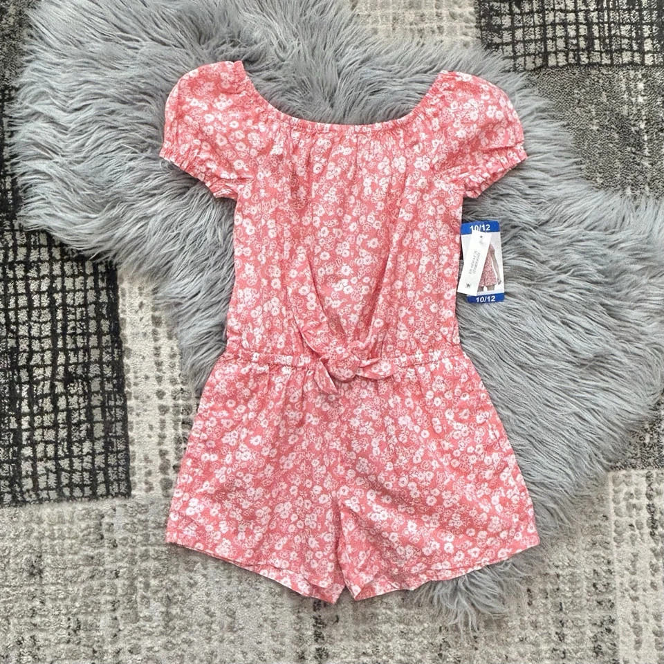 GAP Girl's Soft Chambray Short Puff Sleeve One Piece Romper (Pink Reef 10/12)