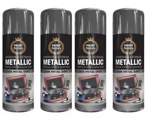 PaintFactory Gun Metal Grey Gloss Spray Paint Metallic Plastic Wood DIY 400ml X4 - Picture 1 of 2