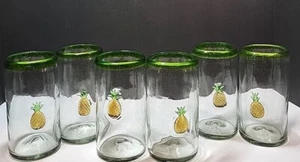 Auténticos vasos mexicanos soplados a mano con borde verde y piña juego de 6 16 oz. - Imagen 1 de 7