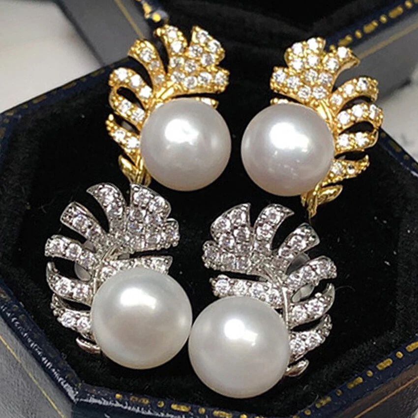 2 Pairs 8-9mm Pearl Beads Inlay Feather White &Yellow/Gold GP Stud Earrings AAA - Image 1 of 4