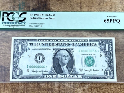 $1 1963A FRN 1901-I* Миннеаполис STAR PCGS 65PPQ - 00000066* НИЗКАЯ СЕРИЙНАЯ 66 ЗВЕЗД - Изображение 1 из 2