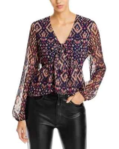 Koko + Mason Tie Front Peplum Blouse Women's S Navy Multi V-Neck Long Sleeve - Picture 1 of 13