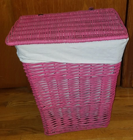Vintage Large Hot Pink Woven Wicker Cane Laundry Basket / Hamper w/ Lid & Liner Cover