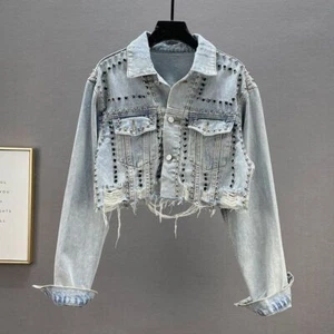 New Harajuku Hole Rivet Studded Denim Jacket Womens Punk Beaded Jacket Blouse - Picture 1 of 12