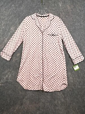 Kate Spade Womens Night Shirt Sz M Pink Black Polka Dot Pajama Dress Button Soft - Image 1 of 4