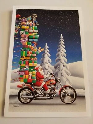 PAUL OXMAN HARLEY DAVIDSON CHRISTMAS CARDS #X409 SANTA WITH PRESENTS ON HARLEY (10)