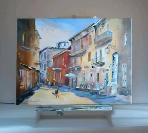 Straßencafe 60 X 80 cm in Öl auf Leinwandbild Bernhard Gerner Braun Blau Rot  - Bild 1 von 13