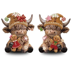 2 Pcs Highland Cow Figurines Christmas Gingerbread Man Highland Cow Gnomes Sc... - Picture 1 of 6
