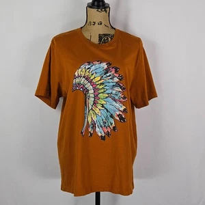 Rust Feather Headdress Graphic Tee Vintage Style Boho Festival Top Oversized XL - Picture 1 of 7