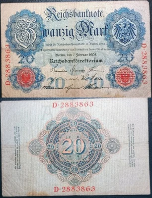 1908 Alemania 20 marcos Reichsbanknote Kaiserzeit Reichsadler Berlín papel moneda Foto 1 de 4