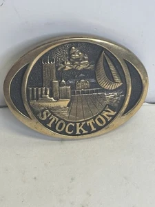 Vintage Stockton California Belt Buckle City Solid Brass D Stewart Ione 1852 USA - Picture 1 of 7